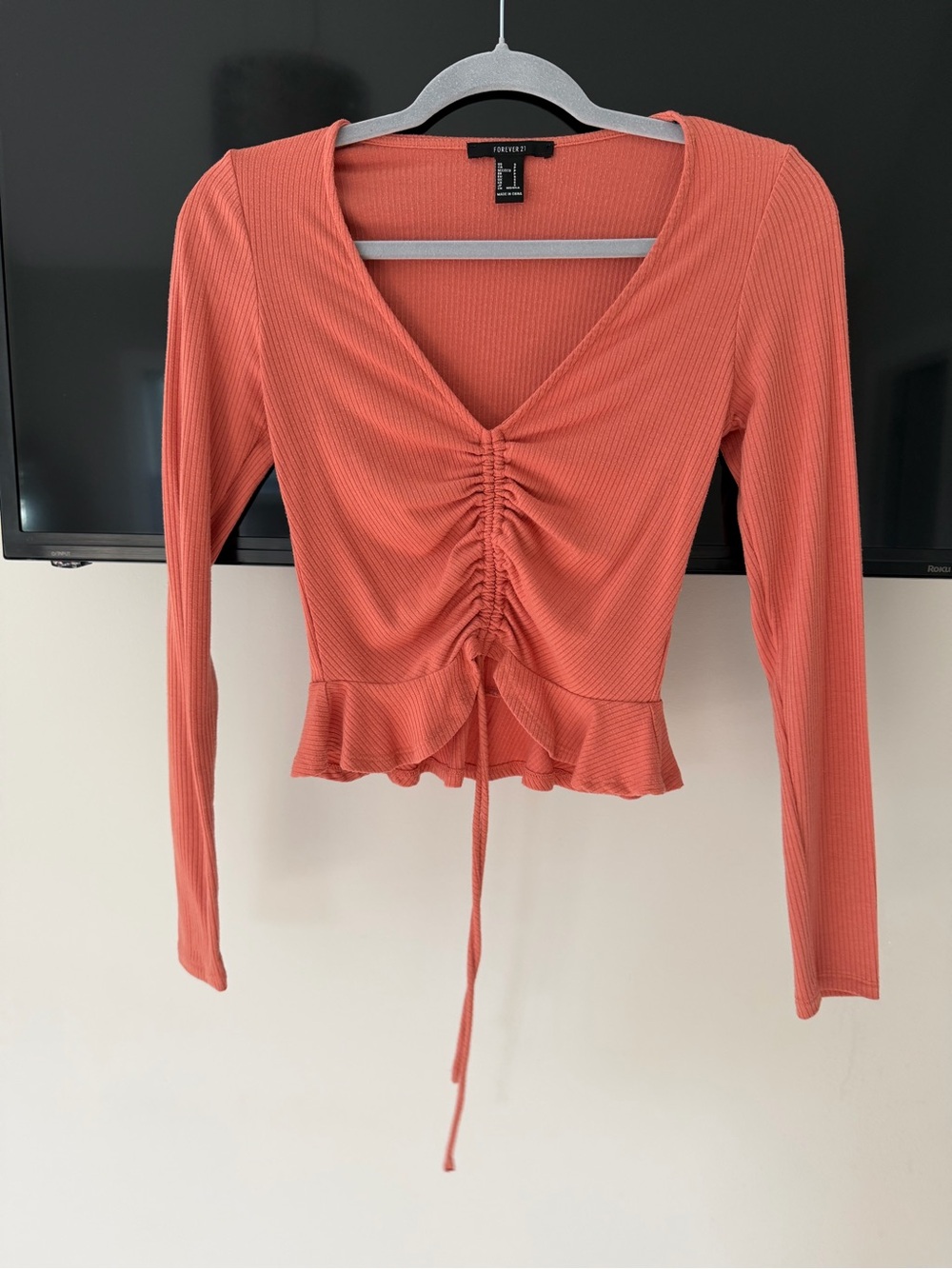 Forever 21 Rust Coral Ruched V-Neck Long Sleeve Top